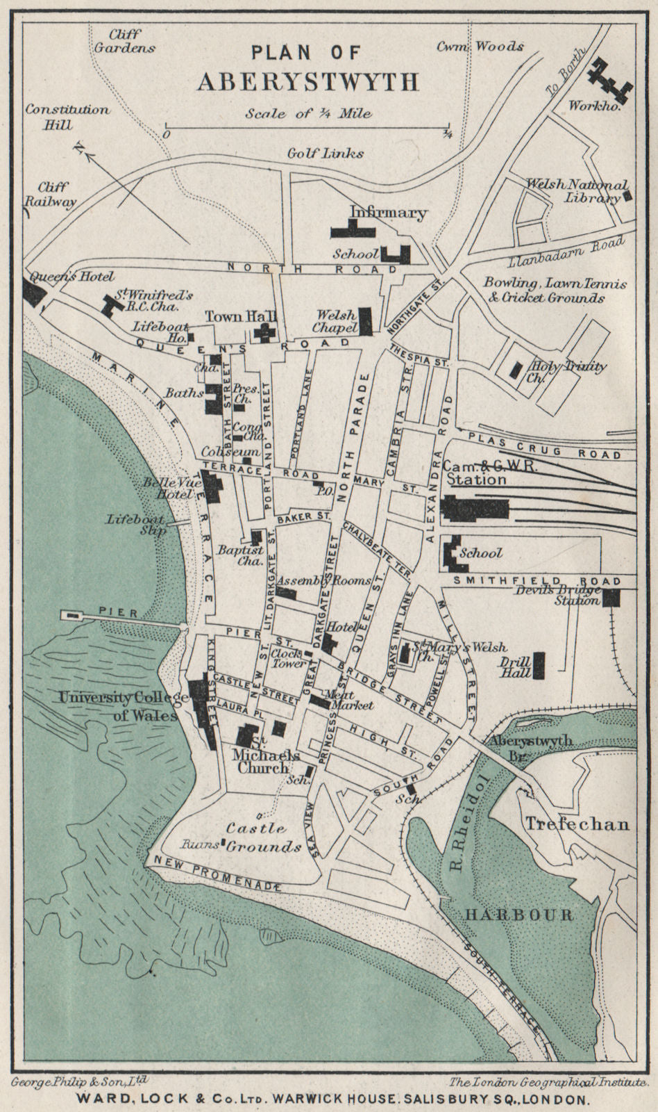 ABERYSTWYTH vintage town/city plan. Wales. WARD LOCK 1913 old antique map